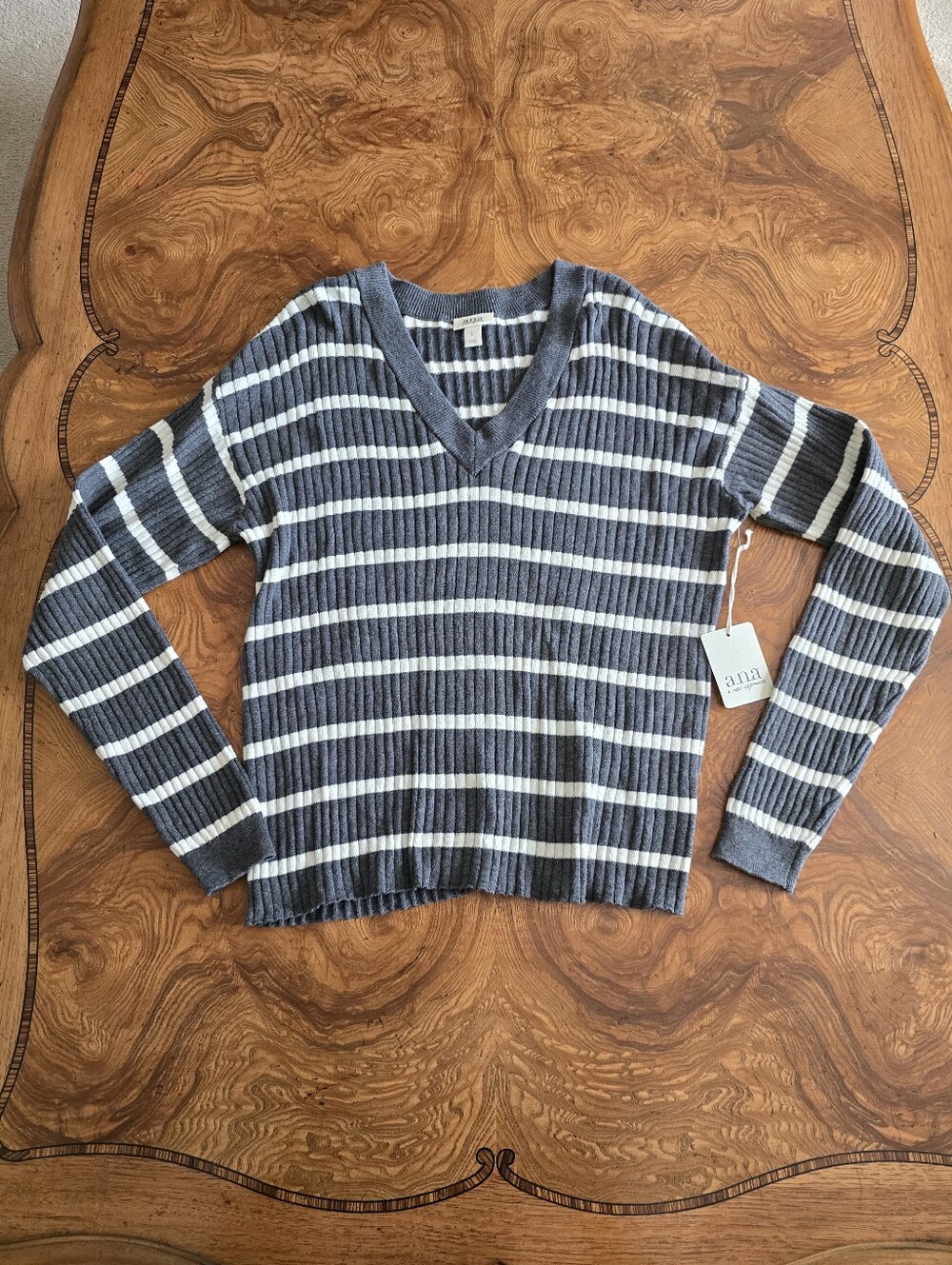 a.n.a Women's Charcoal Heather Striped Long Sleeve Sweater 100%Cotton Size L NWT
